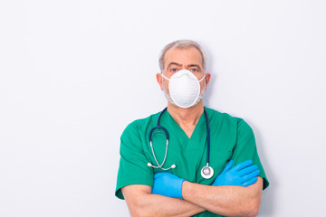 doctor with mask and gloves isolated on white background