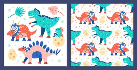 Set of little cute dinosaurs. Triceratops, T-rex, diplodocus, pteranodon. Postcard. Prehistoric animals. Jurassic world. Flat colourful vector illustration icon sticker isolated on dark background. © Fox._.biz