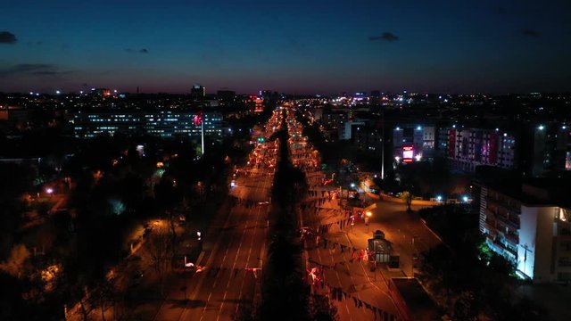 Vatan Boulevard Night With Flags Aerial Drone View at Covid-19 Isolation Days