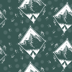 Tent in the mountains. Seamless pattern. Packing old paper, scrapbooking style. Medieval manuscript, engraving art. Symbol of tourism, travel, adventures, meditation, climbing, camping, great outdoors
