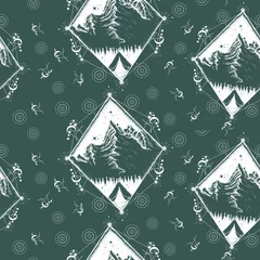 Foto op Plexiglas Bergen Tentje in de bergen. Naadloze patroon. Oud papier inpakken, scrapbooking-stijl. Middeleeuws manuscript, gravurekunst. Symbool van toerisme, reizen, avonturen, meditatie, klimmen, kamperen, buitenleven