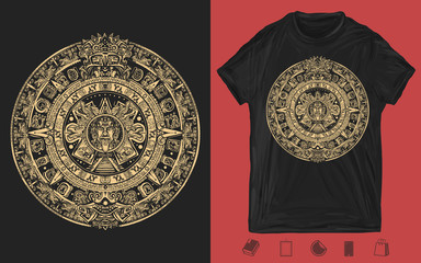 Aztec sun stone. Mayan calendar. Ancient hieroglyph signs and symbols. Mexican mesoamerican monolith. One color creative print for dark clothes. T-shirt design. Template for posters, textiles - obrazy, fototapety, plakaty
