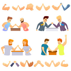 Arm wrestling icons set. Cartoon set of arm wrestling vector icons for web design