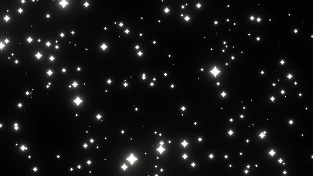 White Stars Fall Down and Move Out From Camera on Black Space Background. Stars motion background