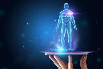 Hologram human body healthcare future. Modern medical science in the future. Mixed medium, copy...
