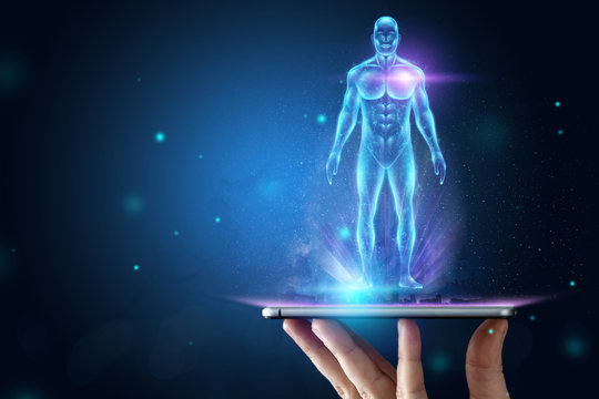 Hologram human body healthcare future. Modern medical science in the future. Mixed medium, copy space. - Powered by Adobe