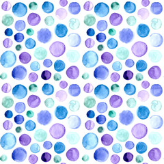 abstract textural watercolor seamless pattern of multicolored blue green purple circles 