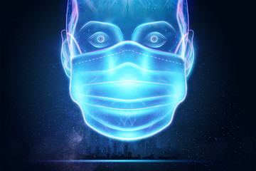 Hologram medical mask, protection against viruses. The concept of pneumonia, covid-19 pandemic, coronavirus. 3D illustration, 3D rendering.