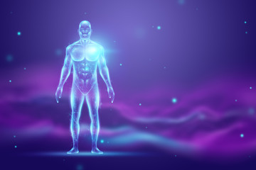 Hologram human body healthcare future. Modern medical science in the future. 3D illustration, 3D rendering.