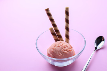 Berry sorbet ice cream with waffles served in glass bowl, close up. Delicious gourmet summer dessert