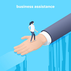 isometric vector image on a blue background, a woman crosses an outstretched male hand across the abyss like over a bridge, business assistance