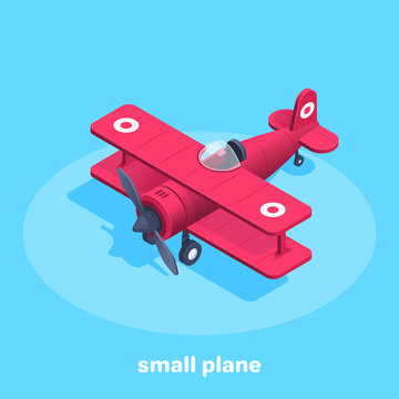 isometric vector image on a blue background, the icon of a small airplane in red