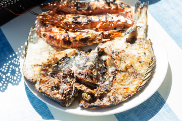 Grilled fish and shrimps. Essaouira, Morocco