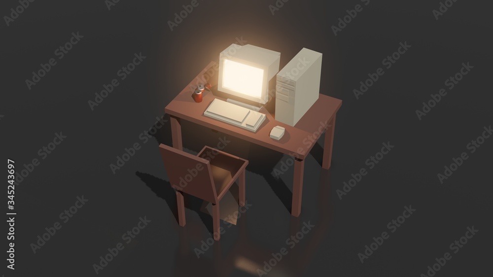 Poster simple mock up composition with old computer on office table and chair 3d rendering.