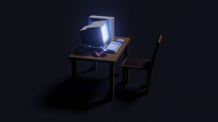 Retro working room with computer, mouse, keyboard on table with chair in cartoon style. low poly 3D rendering.