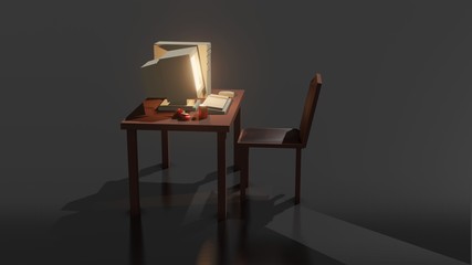 Side view of simple mock up composition with old computer on office table and chair 3d rendering.