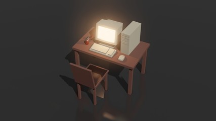 Simple mock up composition with old computer on office table and chair 3d rendering.