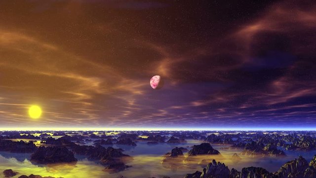 Catastrophe is Coming. A huge planet flies from the depths of space.  On purple starry sky floating clouds, a bright yellow sun rises.  Rocks are among the water.