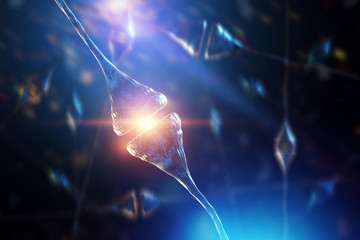 Synapse and neurons in the human brain. Sending chemical and electrical signals, human nervous system. 3D illustration, 3D rendering. - obrazy, fototapety, plakaty