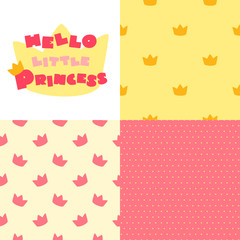 Hello Little Princess. Collection of cute backgrounds and patterns of crowns. Can be used for kid party decoration, cards, invitations, posters or apparel prints. Vector 8 EPS.