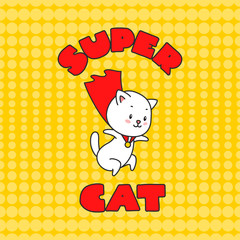 Super cat. Illustration of cute jumping cat in super hero costume. Can be used for t-short print, poster or card. Vector 8 EPS.