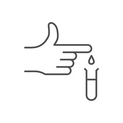 Blood test related vector thin line icon. Blood dripping from a finger into a flask for a coronavirus disease test. Isolated on white background. Editable stroke. Vector illustration.