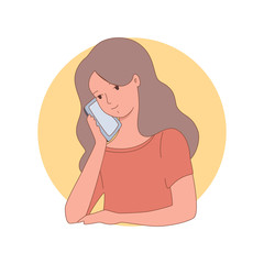 Girl talking on a phone. Illustration of a young girl having a conversation using a smartphone. Vector 8 EPS.