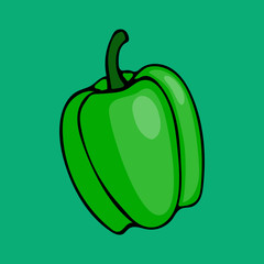 Vector hand drawn cartoon illustration of green bell pepper. Sketch of farm and garden vegetable, harvesting season. Icon isolated on green background