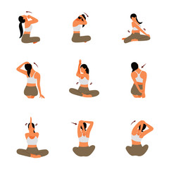 woman yoga pose for arm neck and shoulder stretching flat cartoon character design set