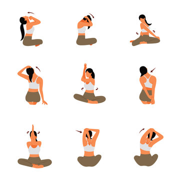 woman yoga pose for arm neck and shoulder stretching flat cartoon character design set