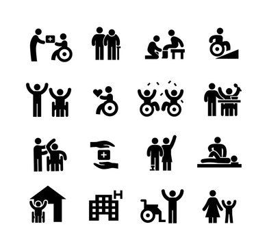 disability people care activities icon set, simple black flat style
