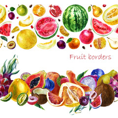Watercolor illustration. Borders made of fruits. Fruit in the strip. Tropical fruits. 
