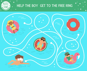 Summer maze for children. Preschool beach holidays activity. Funny puzzle with cute swimming boys, girls, rubber rings. Holiday game for kids. Printable activity with child in the water.