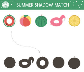 Summer shadow matching activity for children. Preschool sea vacation puzzle. Cute exotic educational riddle. Find the correct silhouette printable worksheet. Simple beach holiday game for kids.