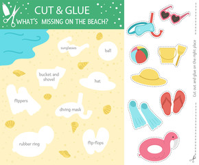 Vector cut and glue activity with beach objects. Summer educational crafting game with cute elements. Fun sea holidays activity for kids. What&rsquo;s missing on the sand printable worksheet.