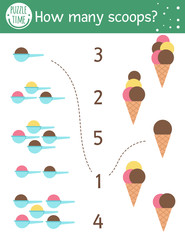 Matching game with ice-cream cones and scoops. Summer food math activity for preschool children. Beach holiday counting worksheet. Educational printable with cute funny elements for kids.