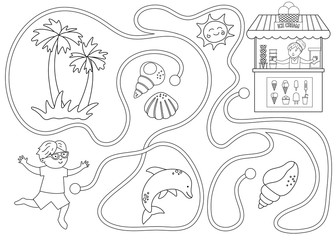 Summer black and white maze for children. Preschool beach holidays activity. Funny puzzle with cute boy, ice-cream stall, seashells. Holiday coloring game for kids. Printable activity with ice cream.
