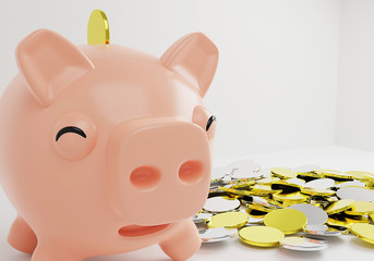 3D Render Cute Smile Piggy Bank with gold coins and silver coins,Business investment design concept with piggy bank,Save you money in Cute piggy bank