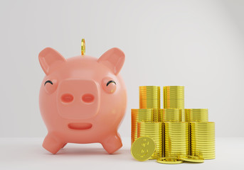 3D Render Cute Smile Piggy Bank with gold coins and silver coins,Business investment design concept with piggy bank,Save you money in Cute piggy bank with copy space