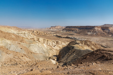 Israel Negev Desert Sede Boker. Great view of the Nakhal Tsin rift. Beautiful mountains with colorful sand.