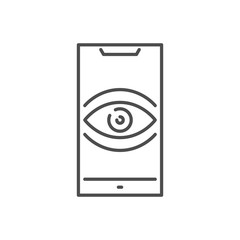 Surveillance smartphone related vector thin line icon. Eye on smartphone screen symbolizing user tracking. Isolated on white background. Editable stroke. Vector illustration.