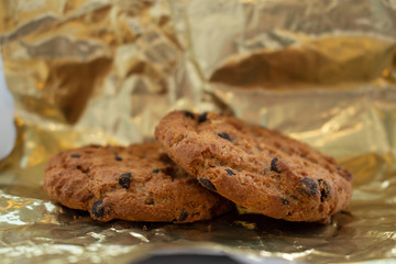 chocolate chip cookies on aluminium foil