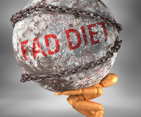 Fad diet and hardship in life - pictured by word Fad diet as a heavy weight on shoulders to symbolize Fad diet as a burden, 3d illustration
