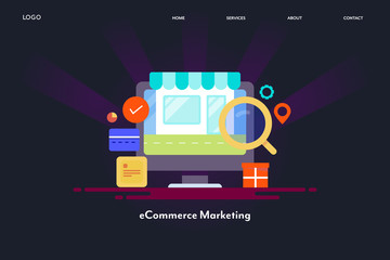 Ecommerce marketing seo, flat design illustration of online shopping, internet web store, buying product online with credit card, online delivery concept.