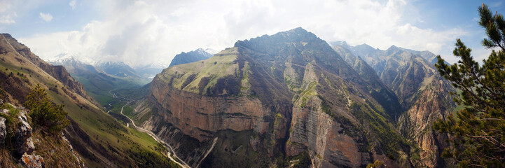 Chegem, Paragram, Kabardino-Balkar Republic. Chegem gorge. Panorama of mountains and gorges on a clear Sunny day.