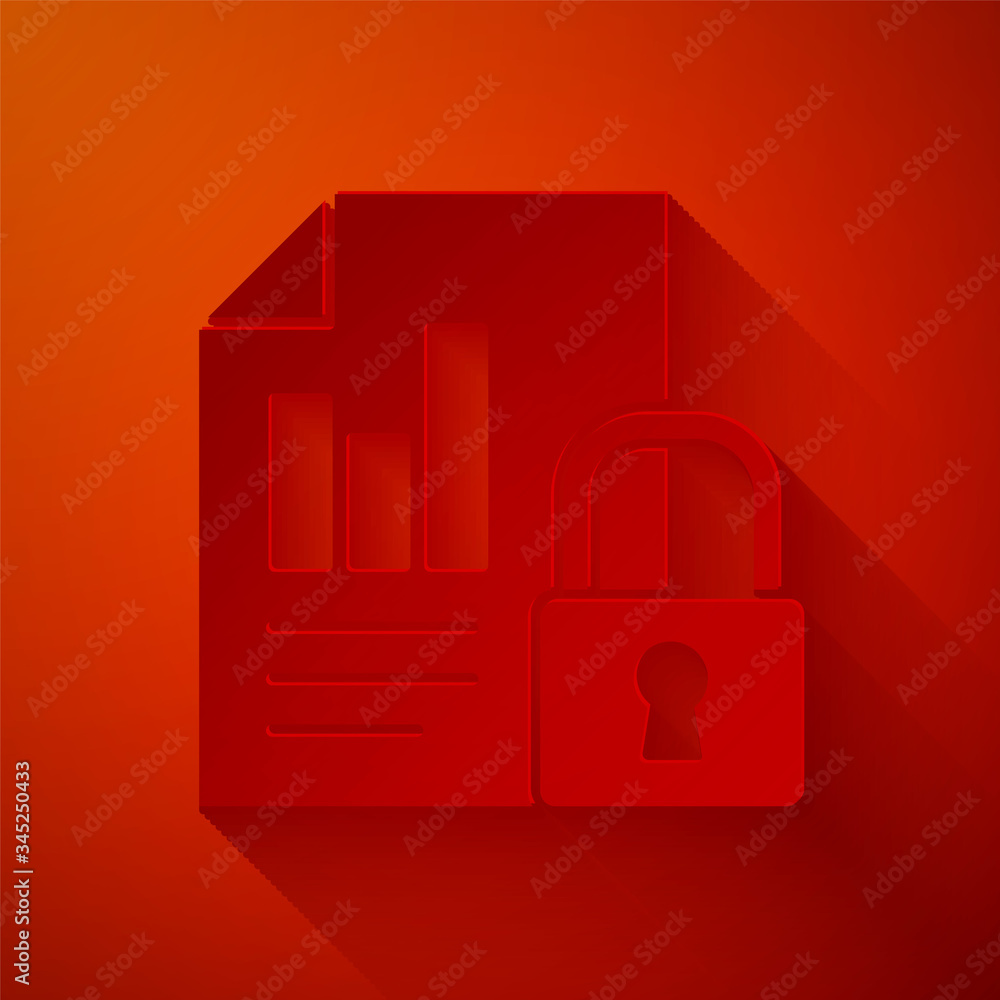 Poster paper cut document and lock icon isolated on red background. file format and padlock. security, safe