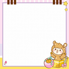 Vector printing paper note with dotted sheet (bullet journal style). Design for square notebook, diary, letters, planners, notes. Kawaii anime Llama with gift box and flowers on yellow-pink background