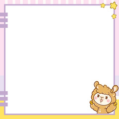 Vector printing paper note. Kawaii blank for drawing, sketchbook, notebook, diary, letters, planners, notes.  Cute design with yellow-pink background, clips, stars and alpaca on paper