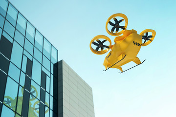 Yellow flying taxi against the sky, city electric transport drone. Car with propellers, clean air, fast ride. Mixed media, copy space.
