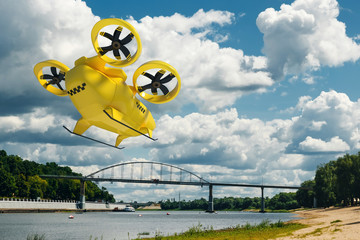 Yellow flying taxi against the sky, city electric transport drone. Car with propellers, clean air, fast ride. Mixed media, copy space.